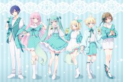  2boys 4girls :d ;d aqua_background aqua_eyes aqua_jacket aqua_shorts aqua_skirt aqua_vest blonde_hair blue_eyes blue_hair blush bow_hairband brown_eyes brown_hair bubble_tea commentary_request company_name copyright_notice dress drink frilled_dress frills full_body gomano_rio gradient_hair green_hair green_socks hairband hatsune_miku highres holding holding_drink jacket kagamine_len kagamine_rin kaito_(vocaloid) leg_up long_hair megurine_luka meiko_(vocaloid) multicolored_hair multiple_boys multiple_girls official_art one_eye_closed open_clothes open_jacket pants pink_hair polka_dot polka_dot_dress polka_dot_jacket polka_dot_shorts polka_dot_skirt shirt shoes shorts skirt smile socks spiky_hair striped_background twintails very_long_hair vest violet_eyes vocaloid white_dress white_pants white_shirt white_shoes 