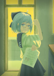  1girl ahoge alternate_costume bespectacled blue_bow blue_hair blue_sailor_collar blue_skirt bow cirno classroom commentary desk glasses grin hair_bow highres indoors joblack looking_at_viewer pointing pointing_at_self sailor_collar school_desk school_uniform shirt short_hair short_sleeves skirt smile solo test_score touhou white_shirt 