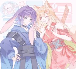  3girls ^_^ absurdres animal_ear_fluff animal_ears armor blonde_hair blue_eyes blue_hair blue_hoodie blue_kimono blue_nails chinese_commentary cho_kaguya-hime! closed_eyes commentary_request crescent crescent_hair_ornament egasumi fang forehead_jewel fox_ears fox_girl hair_ornament hair_rings hair_stick haiyuan182 heart highres holding holding_sign hood hood_down hoodie japanese_clothes kaguya_(cho_kaguya-hime!) kimono logo long_hair multiple_girls nail_polish open_mouth rabbit_ears rabbit_girl red_kimono runami_yachiyo sakayori_iroha shoulder_armor sign sleeves_past_wrists species_switch twintails 