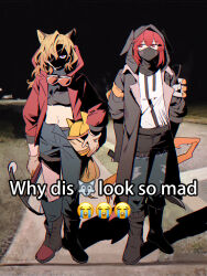  2girls absurdres animal_ears arknights asymmetrical_pants black_gloves black_jacket black_mask black_tube_top blonde_hair blue_eyes blue_pants boots crownslayer_(arknights) dopperu_ben eirene_lavazza_(arknights) face_in_shadow full_body gloves goggles goggles_around_neck hair_over_one_eye helmet highres holding holding_unworn_helmet holding_weapon hood hood_up hooded_jacket hyena_ears hyena_girl jacket long_sleeves looking_at_another mask meme midriff mouth_mask multiple_girls night open_clothes open_jacket pants patchwork_clothes red_hair red_jacket shirt single_hair_intake strapless tube_top unworn_headwear unworn_helmet weapon white_shirt why_dis_ninja_look_so_mad_(meme) wolf_ears wolf_girl 