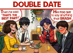  +++ 2boys 2girls age_difference amamiya_ren beer_mug black_hair blue_necktie blush breasts brown_hair closed_eyes cross cross_necklace crossover cup drunk highres ikari_shinji jacket jewelry katsuragi_misato kawakami_sadayo laughing medium_breasts mug multiple_boys multiple_girls necklace necktie neggoartz neon_genesis_evangelion open_mouth persona persona_5 purple_hair red_jacket shirt short_hair smile striped_clothes striped_shirt suit yellow_shirt 