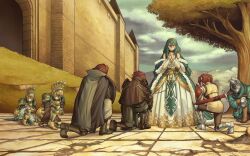  2boys 2girls 3others armor armored_boots black_boots black_hat blue_coat blue_eyes blue_hair boots brown_hair building castle coat crack cracked_floor dress english_commentary faceless fire_emblem fire_emblem_awakening fire_emblem_cipher fur-trimmed_coat fur_trim gerome_(fire_emblem) grass hat helmet highres holding holding_unworn_clothes holding_unworn_hat interlocked_fingers kneeling laurent_(fire_emblem) long_hair lucina_(fire_emblem) lucina_(hope-ruling_queen)_(fire_emblem) multiple_boys multiple_girls multiple_others official_alternate_costume outdoors own_hands_together red_hair second-party_source severa_(fire_emblem) shg_(hiomaika) shoulder_armor sleeveless sleeveless_dress standing tiara tree twintails unworn_hat unworn_headwear white_dress 