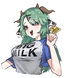   1girl animal_ears black_sclera blue_eyes breasts colored_sclera commentary cow_ears cow_girl cow_horns crelly green_hair grey_sclera hair_ornament heterochromia highres horns indie_virtual_youtuber large_breasts long_hair mandradox mega_milk mismatched_sclera mole mole_under_mouth open_mouth red_eyes shirt solo untranslatable_commentary virtual_youtuber white_background white_shirt
