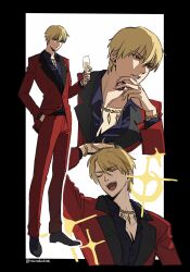  1boy arm_up black_border black_shoes blazer blonde_hair border bracelet clenched_teeth closed_eyes collared_shirt commentary cup drinking_glass fate/strange_fake fate_(series) fingernails gilgamesh_(fate) gold_bracelet gold_necklace hair_between_eyes hand_in_pocket hand_up highres holding holding_cup jacket jewelry lapels layered_clothes long_sleeves looking_at_viewer male_focus multiple_views necklace notched_lapels open_collar open_mouth outside_border pants parted_lips raisakaki01 red_eyes red_jacket red_pants red_suit shirt shoes short_hair smile sparkle standing suit teeth wine_glass 