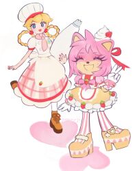  2girls amy_rose apron artist_name blonde_hair blue_eyes brown_shoes chef_hat food fruit gloves hair_rings hat heart hedgehog_girl highres holding holding_pastry_bag multiple_girls official_alternate_costume pastry_bag pink_hair pnkemoji princess_peach princess_peach:_showtime! shoes simple_background sonic_(series) strawberry strawberry_ornament striped_clothes striped_thighhighs super_mario_bros. thigh-highs v vertical-striped_clothes vertical-striped_thighhighs whipped_cream white_apron white_background white_gloves 