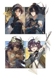  1boy 3girls :d absurdres ahoge arm_tattoo bare_shoulders beret bird_hair_ornament black_cape black_dress black_gloves black_hair black_hat blue_eyes blue_robe border bow bowtie brown_hair cape cellphone cheng_heguang closed_mouth coat dark-skinned_female dark_skin dress fatutu feather_boa flower flutterpage flutterpage_(gently_comes_the_thawing_breeze) gloves hair_flower hair_ornament halter_shirt halterneck hand_up hands_up hat hibiscus highres holding holding_phone holding_rod leaf_hair_ornament liang_yue_(reverse:1999) lily_of_the_valley looking_at_viewer low_twintails midriff multiple_girls official_alternate_costume open_mouth phone police police_uniform policewoman ponytail reverse:1999 robe rod shirt short_hair side_cape smile sp0i0ppp tattoo twintails upper_body white_border white_bow white_bowtie white_cape white_coat white_dress white_flower white_shirt yellow_eyes 