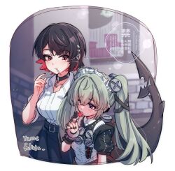  2girls artist_name black_choker black_hair black_nails blue_skirt candy choker colored_inner_hair commentary_request corin_wickes ellen_joe ellen_joe_(on_campus) fins fish_tail food food_in_mouth green_hair hair_between_eyes holding holding_candy holding_food holding_lollipop lollipop lollipop_in_mouth long_hair looking_at_another maid maid_headdress mole mole_under_eye multicolored_hair multiple_girls official_alternate_costume razor_blade_hair_ornament red_eyes red_nails scar scar_on_tail screw_hair_ornament shark_girl shark_tail shirt short_hair skirt tail twintails violet_eyes white_shirt yumefukura zenless_zone_zero 