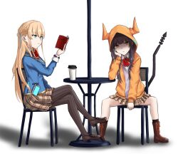  2girls asakura_karen_(heaven_burns_red) black_hair black_pantyhose blonde_hair blue_eyes blue_jacket blunt_bangs book boots bow bowtie braid brown_boots brown_skirt chair closed_mouth collared_shirt commentary_request crossed_legs demon_horns demon_tail elbow_on_table eyes_visible_through_hair frown full_body grey_sweater_vest hair_between_eyes hair_ribbon half_up_braid hand_on_own_cheek hand_on_own_face hand_up heaven_burns_red highres holding holding_book hood hood_up hooded_jacket horned_hood horns jacket lace-up_boots long_hair long_sleeves looking_at_viewer low_twintails miniskirt multiple_girls on_chair open_clothes open_jacket orange_jacket pantyhose plaid_clothes plaid_skirt pleated_skirt reading red_bow red_bowtie red_pupils ribbon shaded_face shirt simple_background sitting skirt sleeves_past_wrists spread_legs striped_clothes striped_pantyhose sweater_vest table tail tail_raised toujou_tsukasa tsurime tsurugi_hisui twintails unamused v-shaped_eyebrows vertical-striped_clothes vertical-striped_pantyhose very_long_hair white_background white_ribbon white_shirt yellow_eyes 