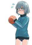  1girl alternate_costume basketball bespectacled black-framed_glasses blush buruma cowboy_shot flying_sweatdrops glasses green_eyes grey_hair gym_uniform highres holding long_sleeves no_nose sanya_v_litvyak seedflare semi-rimless_glasses short_hair simple_background sleeves_past_wrists solo strike_witches track_jacket under-rim_glasses white_background 