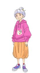  1girl closed_mouth full_body hair_bun hair_ornament hood hoodie hoshina_youko official_art old old_woman pink_eyes pink_hoodie precure red_socks single_hair_bun smile socks solo standing star_(symbol) star_hair_ornament star_twinkle_precure transparent_background white_hair 
