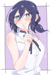  1girl absurdres arm_behind_back bare_arms bilingual_commentary black_choker black_ribbon blush border breasts bright_pupils chainsaw_man choker closed_mouth collared_shirt commentary dot_nose double-parted_bangs finger_to_mouth green_eyes hair_between_eyes hair_bun hand_up highres long_hair_between_eyes looking_at_viewer medium_breasts mixed-language_commentary motion_lines neck_ribbon notice_lines outside_border purple_background purple_hair reze_(chainsaw_man) ribbon shirt short_hair simple_background single_hair_bun sleeveless sleeveless_shirt smile solo upper_body white_background white_border white_pupils white_shirt yuki_nagisaa 