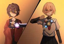  2girls absurdres azami_(watatabe) black_kimono black_skirt blonde_hair breakam_dawn brown_hair chihiro4010 closed_mouth dualmare_capsem grey_shirt hair_between_eyes haori henshin highres holding holding_sword holding_weapon japanese_clothes kamen_rider kamen_rider_zeztz_(series) kimono layered_sleeves long_sleeves looking_at_viewer multiple_girls neckerchief orange_eyes pleated_skirt red_neckerchief rider_belt sailor_collar school_uniform serafuku shaded_face shirt short_hair short_over_long_sleeves short_sleeves skirt smile sword watashi_wo_tabetai_hitodenashi weapon white_sailor_collar white_shirt yaotose_hinako yellow_eyes zeztz_driver 