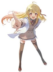  1girl :d ahoge bass_clef beamed_eighth_notes blonde_hair blush bow brown_dress brown_sailor_collar brown_shoes brown_thighhighs brown_trim buttons commentary dot_nose double-breasted double-parted_bangs dress eighth_note flats floating_hair footwear_bow foreshortening frilled_dress frilled_jacket frilled_sleeves frills full_body gold_trim gradient_hair hair_intakes hair_ornament hair_ribbon hand_on_own_hip highres hololive hololive_dev_is invisible_floor jacket leaning_forward long_hair long_sleeves looking_at_viewer loose_hair_strand mitohas multicolored_hair musical_note musical_note_hair_ornament musical_staff musical_staff_print neck_ribbon one_side_up open_mouth orange_hair otonose_kanade otonose_kanade_(1st_costume) outstretched_arm piano_print plaid_clothes plaid_dress pointing pointing_at_viewer red_bow red_eyes red_ribbon ribbon sailor_collar shirt shoes sidelocks simple_background smile solo swept_bangs tachi-e teeth thigh-highs thigh_strap two-tone_hair untranslatable_commentary upper_teeth_only v-shaped_eyebrows virtual_youtuber white_background white_jacket white_shirt zettai_ryouiki 