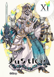  artist_name bilingual_commentary card english_text full_body high_heels holding holding_sword holding_weapon jewelry justice_(tarot) looking_at_viewer mixed-language_commentary original roman_numeral simple_background sirop sword tarot tarot_card weapon 
