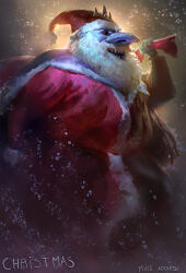  1boy adventure_time bag beard blue_skin colored_skin crown facial_hair hat holding holding_bag ice_king male_focus mike_azevedo pointy_nose santa_costume santa_hat sharp_teeth smile snow solo teeth 
