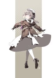 1girl absurdres apron black_gloves black_shoes black_skirt brown_background brown_hair brown_jacket cheyanne_(girls'_frontline_2) commentary_request enmaided full_body girls'_frontline_2:_exilium girls_frontline gloves gradient_background highres jacket looking_at_viewer m200_(girls'_frontline) maid maid_headdress miharu_(cgsky) shoes skirt solo violet_eyes white_apron white_background 