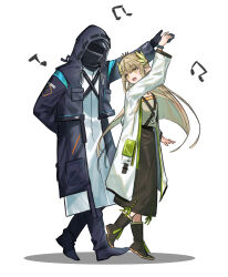  1girl 1other arknights arm_at_side arm_up beamed_eighth_notes black_coat black_gloves black_pants boots brown_boots brown_hair brown_skirt coat dancing doctor_(arknights) eighth_note elf full_body gloves green_shirt hair_ornament highres holding_hands hood hooded_coat infection_monitor_(arknights) lab_coat laurel_crown laurels long_hair long_skirt looking_at_another looking_back mabing mask muelsyse_(arknights) musical_note open_mouth orange_eyes oversized_clothes oversized_shirt pants pointy_ears scene_reference shadow shirt simple_background skirt smile white_background white_shirt 