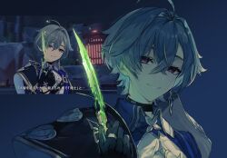  1boy absurdres armor dagger earrings genshin_impact green_hair highres holding holding_dagger holding_knife holding_weapon jewelry knife knight lohen_(genshin_impact) looking_at_viewer mizutani_(zattany) mole mole_under_eye single_earring smile violet_eyes weapon 