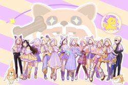  6+girls animal_ear_hood animal_ears argyle_cloak asymmetrical_legwear badge black_gloves black_hair black_pants black_shoes blue_eyes boots braid brown_eyes colorful_clouds dog_ears double_finger_gun dress eyepatch fake_animal_ears finger_gun fingerless_gloves floof_(infinity_nikki) forehead fur_leg_warmers gloves googly_eyes grey_hair hair_half_over_shoulder hair_over_shoulder hands_on_own_hips happy high_heels highres hood hood_up infinity_nikki iyating leg_warmers long_dress low_twin_braids midriff multiple_girls nikki_(series) one_eye_closed open_mouth outline pants parted_bangs pink_hair pleated_dress purple_boots purple_dress purple_socks shoes short_hair sidelocks smile socks standing stiletto_heels striped_background striped_clothes stylist_(nikki) twin_braids two-tone_cloak vertical-striped_clothes violet_eyes wavy_hair white_hair white_leg_warmers white_outline yellow_cloak 