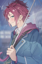  1boy absurdres bangs_pinned_back blue_jacket blurry blurry_background closed_mouth collared_shirt commentary curtained_hair dated ensemble_stars! green_eyes green_necktie hair_ornament hairclip highres holding holding_umbrella hood hood_down hooded_jacket isara_mao jacket lapels layered_clothes layered_sleeves long_sleeves looking_at_viewer male_focus necktie notched_lapels open_clothes open_collar open_jacket rain red_hair reijiro school_uniform shirt short_hair smile solo umbrella upper_body wing_collar yumenosaki_school_uniform 