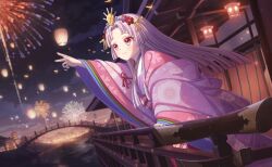  1girl aerial_fireworks architecture black_border border bridge building city city_lights cityscape commentary_request east_asian_architecture fireworks floral_print flower game_asset hair_flower hair_ornament hand_fan highres japanese_clothes kimono lamppost lantern letterboxed long_hair long_sleeves night niizuma_yae non-web_source official_art outdoors outstretched_arm paper_lantern parted_lips pillarboxed pink_kimono print_kimono purple_hair railing red_eyes river self-datamine sitting sky skyline smile solo sparkler very_long_hair world_dai_star yukata 