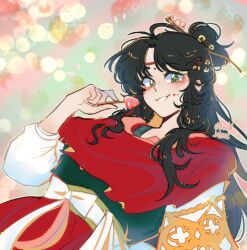  +_+ 1girl black_hair blush bow calamity_brezze candy chinese_clothes facial_mark food forehead_mark green_eyes hair_branch hanfu highres holding holding_candy holding_food paper_heron red_hanfu reverse:1999 sleeves_rolled_up smile symbol-shaped_pupils 