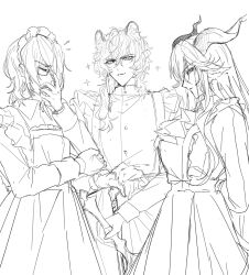  1girl 2boys adjusting_eyewear alternate_costume animal_ear_fluff animal_ears apron arknights arm_behind_back ascot closed_eyes closed_mouth cowboy_shot crossdressing crossdressing_(mtf) degenbrecher_(arknights) dress enmaided frilled_apron frills glasses gloves gnosis_(arknights) goat_ears goat_girl goat_horns greyscale hair_between_eyes highres holding holding_sword holding_weapon horns long_hair long_sleeves looking_at_viewer maid maid_apron maid_headdress male_maid monochrome multiple_boys parted_lips profile short_hair silverash_(arknights) simple_background sketch snow_leopard_boy snow_leopard_ears soramaru_310 sparkle sword weapon white_background 