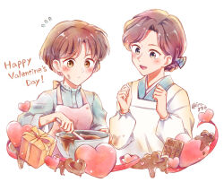  2girls :d apron blue_shirt blush_stickers bowl box brown_eyes brown_hair candy character_request chocolate chocolate_on_clothes chocolate_on_face clenched_hands closed_mouth flying_sweatdrops food food_on_face frilled_shirt_collar frills gift gift_box happy_valentine heart heart-shaped_chocolate heart-shaped_food holding holding_spoon mother-in-law_and_daughter-in-law multiple_girls open_mouth ranma_1/2 saotome_nodoka shirt smile spoon stirring tendou_akane tsukisaka_iro valentine white_apron 