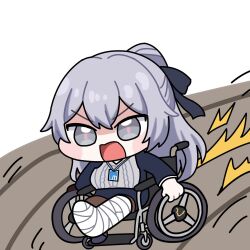  1girl blue_skirt blue_vest broken_leg bronya_zaychik bronya_zaychik_(outstanding_attitude) bronya_zaychik_(silverwing:_n-ex) chibi chibi_only commentary english_commentary grey_eyes grey_hair grey_sweater honkai_(series) honkai_impact_3rd id_card long_hair official_alternate_costume open_mouth pushing_wheelchair skirt solo suba_(soba30406077) sweater very_long_hair vest wheelchair 