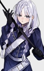  1girl 710_ao absurdres baton_(weapon) belt black_eyes black_gloves blue_jacket blush braid breasts buttons collared_shirt double-breasted fate/grand_order fate_(series) francesca_prelati_(fate) francesca_prelati_(second_ascension)_(fate) gloves grey_hair highres jacket long_hair long_sleeves looking_at_viewer medium_breasts open_mouth parted_bangs police police_uniform ringed_eyes shirt twin_braids weapon white_shirt 