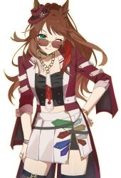  1girl animal_ears black_shirt black_shorts black_thighhighs bracelet breasts brown_hair chain_necktie choker closed_mouth commentary_request ears_through_headwear fedora forever_young_(racing)_(umamusume) forever_young_(umamusume) gold_bracelet green_choker green_eyes hat highres horse_ears horse_girl jacket jewelry long_hair looking_at_viewer midriff multicolored_hair necktie one_eye_closed purple-tinted_eyewear red-tinted_eyewear red_jacket red_streaks shirt shorts shorts_under_skirt skirt smile solo streaked_hair sunglasses thigh-highs tinted_eyewear tongue tongue_out umamusume white_necktie white_skirt white_streaks zd3rt 