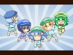  5girls alternate_costume black_hair blonde_hair blue_hair chibi closed_eyes dark_haired_kappa eyeball ginyu_force_pose glasses glasses_kappa green_eyes green_hair grin hair_bobbles hair_ornament hat jinnouchi_akira kappa_mob kawashiro_nitori key komeiji_koishi multiple_girls odd_one_out open_mouth outstretched_arms pose ribbon short_hair skirt smile third_eye touhou twintails violet_eyes 