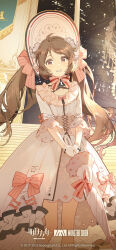  1girl absurdres ambience_synesthesia animal_ears arknights bonnet bow brown_hair closed_umbrella copyright_logo dress dress_bow eyjafjalla_(ambience_synesthesia_2022)_(arknights) eyjafjalla_(arknights) feet_out_of_frame gloves highres holding holding_umbrella horns indoors logo lolita_fashion long_hair long_sleeves looking_at_viewer official_alternate_costume official_art official_wallpaper pink_bow rella second-party_source sheep_ears sheep_girl sheep_horns smile solo standing twintails umbrella very_long_hair white_bonnet white_dress white_gloves 