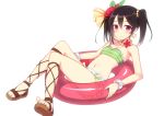  1girl bare_shoulders bikini bikini_skirt black_hair blush bracelet cross-laced_sandals earrings flat_chest flower hair_flower hair_ornament hirasato innertube jewelry love_live!_school_idol_project natsuiro_egao_de_1_2_jump! navel necklace pink_eyes smile solo swimsuit twintails white_background yazawa_nico 