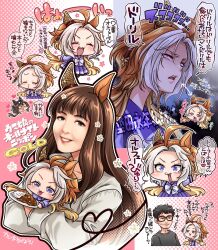  1boy 3girls animal_ears brown_hair curry curry_rice food highres hikasa_youko horse_ears horse_girl miru_(mill_36) multicolored_hair multiple_girls orfevre_(umamusume) real_life rice stay_gold_(umamusume) two-tone_hair umamusume violet_eyes voice_actor_connection 