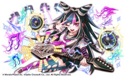  arm_warmers asymmetrical_legwear black_hair blue_streaks colorful crash_fever danganronpa_(series) electric_guitar guitar hair_horns holding holding_guitar holding_instrument instrument jewelry looking_at_viewer mioda_ibuki mismatched_arm_warmers mismatched_legwear multicolored_hair musical_note neckerchief necklace official_art one_eye_closed open_mouth pink_eyes pink_neckerchief pink_streaks promotional_art sailor_collar stage_lights streaked_hair third-party_source v white_streaks 