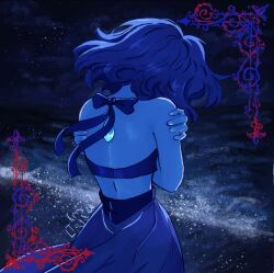  1girl blue_hair blue_skin bow colored_skin crop_top from_behind gem gem_(steven_universe) homeworld_gem_uniform kristoffeeee lapis_lazuli_(gemstone) lapis_lazuli_(steven_universe) short_hair skirt solo steven_universe water 