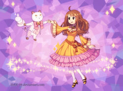  1boy 1girl :d ahoge animal_ears animification bee_(bee_and_puppycat) bee_and_puppycat bell bow bowtie brooch brown_eyes brown_hair cat_boy cat_ears cat_tail chibikemo closed_eyes commentary dancing dav-19 dress english_commentary frilled_dress frills furry furry_male hat holding holding_hands holding_unworn_clothes holding_unworn_hat jacket jewelry jingle_bell long_hair long_sleeves looking_at_another magical_girl orange_bow pants pantyhose pink_bow pink_bowtie pink_vest puppycat shoes smile sparkle suit tail top_hat u_u unworn_hat unworn_headwear vest web_address white_hat white_jacket white_pants white_pantyhose white_suit yellow_dress yellow_shoes 