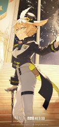  1boy absurdres ambience_synesthesia animal_ears arknights bishounen black_jacket blonde_hair cane copyright_logo feet_out_of_frame green_eyes hair_between_eyes hat highres holding holding_cane infection_monitor_(arknights) jacket leonhardt_(ambience_synesthesia_2022)_(arknights) leonhardt_(arknights) logo long_sleeves looking_at_viewer lop_rabbit_ears male_focus mini_hat mini_top_hat official_art official_wallpaper pants rabbit_boy rabbit_ears rabbit_tail rella second-party_source short_hair smile solo standing tail top_hat white_pants 