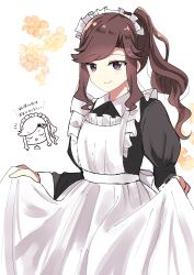  1girl absurdres alternate_costume alternate_hairstyle apron apron_hold black_shirt blush brown_hair chibi chibi_inset closed_mouth collared_shirt commentary cowboy_shot enmaided floral_background flower frilled_apron frills hair_ornament hands_up head_only high_ponytail highres juliet_sleeves long_hair long_sleeves looking_at_viewer maid maid_headdress multiple_views notice_lines orange_flower parted_bangs parted_lips ponytail puffy_sleeves ringopai315 shirt shoujo_kageki_revue_starlight sidelocks smile smug standing tendo_maya translated very_long_hair violet_eyes white_apron white_background x_hair_ornament yellow_flower 