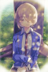  1girl absurdres against_tree blue_shirt closed_eyes heaven_burns_red highres kayamori_ruka necktie on_ground open_clothes open_mouth open_shirt puyopiku red_necktie shirt sleeping sleeping_upright tree upper_body white_shirt 