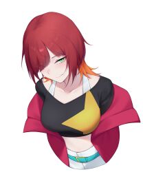  1girl black_shirt breasts brown_hair digimon digimon_beatbreak green_eyes highres jacket large_breasts open_clothes open_jacket orange_hair print_shirt red_jacket sakuya_reina shirt shorts simple_background solo star_(symbol) star_print upper_body white_background white_shorts zigma_s 