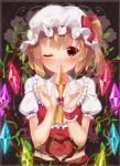  1girl alza ascot blonde_hair blush bow brooch bust dress flandre_scarlet frame glowing glowing_wings hat hat_bow jewelry looking_at_viewer mob_cap one_eye_closed puffy_short_sleeves puffy_sleeves red_dress red_eyes shirt short_sleeves side_ponytail smile solo touhou wings wrist_cuffs 