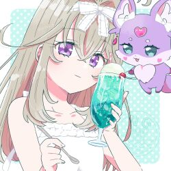  1girl :3 antenna_hair blonde_hair cherry closed_mouth dress fairy food fruit hair_intakes hair_ribbon highres holding holding_spoon ice_cream ice_cream_float looking_at_viewer mashu-tan meitantei_precure! moria_luluka pitsuuta polka_dot polka_dot_background precure ribbon smile solo spoon violet_eyes white_dress white_ribbon 
