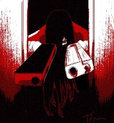  1boy aiming alucard_(hellsing) door dual_wielding gun hair_over_one_eye handgun hellsing holding holding_gun holding_weapon long_hair male_focus oekaki red_theme signature solo toshimichi_yukari upper_body weapon 