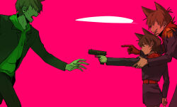  3boys aged_down aiming animification antenna_hair beard_stubble blue_coat brown_hair burn_scar child coat commentary cyborg drawstring dual_persona edd_(eddsworld) eddsworld eko_endure epaulettes facial_hair flipped_hair from_side future_edd_(eddsworld) green_hoodie gun hair_ears handgun height_difference highres holding holding_gun holding_weapon hood hood_down hoodie long_sleeves male_focus mechanical_arms military_coat military_uniform multiple_boys no_eyes norwegian_commentary open_mouth pink_background pointing pointing_at_another prosthesis prosthetic_arm protected_link reaching red_hoodie red_leader_(eddsworld) scar short_hair simple_background single_mechanical_arm smile standing stubble tord_(eddsworld) trench_coat weapon 