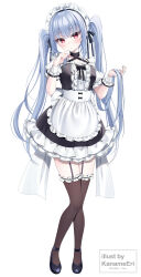  1girl absurdres apron artist_name black_bow black_dress black_garter_straps black_shoes black_thighhighs blue_hair blush bow breasts commentary_request dress frilled_apron frilled_hairband frilled_wrist_cuffs frills full_body garter_straps hairband hands_up highres holding_own_hair long_hair looking_at_viewer maid maid_headdress medium_breasts mia_(mk2022) original parted_lips puffy_short_sleeves puffy_sleeves red_eyes shoes short_sleeves solo standing thigh-highs twintails very_long_hair white_apron white_hairband white_sleeves white_wrist_cuffs wrist_cuffs 