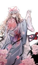  2girls blonde_hair blood blood_on_clothes blue_kimono cherry_blossoms closed_mouth commentary_request dress gap_(touhou) hair_ribbon hand_on_another's_back hat highres holding_hands interlocked_fingers japanese_clothes kimono long_hair long_sleeves looking_at_viewer medium_hair missing_headwear mob_cap multiple_girls onigiri_222x714 petals pink_hair pink_petals purple_tabard red_eyes ribbon saigyouji_yuyuko saigyouji_yuyuko_(living) smile tabard touhou violet_eyes white_background white_dress yakumo_yukari 