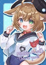  1girl :3 :d ahoge animal_collar animal_ear_fluff armband belt_collar beret black_hat black_sailor_collar blue_background blue_border blue_eyes blue_hair blue_neckerchief blue_one-piece_swimsuit blush border braid braided_bangs breast_pocket brown_hair brown_tail cat_girl cat_pendant cat_tail chamusuke_(nesicoso_suke) character_name clenched_hands clothes_pin collar colored_inner_hair commentary_request commission covered_navel cropped_shirt droopy_ears fangs green_eyes grid hair_between_eyes hair_ornament hairclip hands_up hat heterochromia highleg highleg_one-piece_swimsuit highres indie_virtual_youtuber long_sleeves looking_at_viewer michiyo_mao multicolored_hair neckerchief one-piece_swimsuit open_mouth outline outside_border pendant_collar pocket puffy_long_sleeves puffy_sleeves red_armband red_collar sailor_collar school_swimsuit school_uniform serafuku serasuku short_hair skeb_commission smile swimsuit tail thank_you translation_request upper_body v-shaped_eyebrows virtual_youtuber w_arms white_outline white_serafuku x_hair_ornament 
