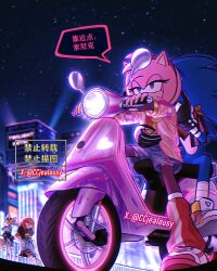  1girl 3boys amy_rose bandana bandana_around_neck black_thighhighs blue_shorts blurry blurry_background brown_bandana building chinese_commentary chinese_text commentary_request covering_own_face czy_(2894456992) embarrassed fox_boy furry furry_female furry_male goggles goggles_on_head hairband half-closed_eyes hedgehog_boy hedgehog_girl highres holding holding_phone knuckles_the_echidna loose_socks moped motor_vehicle multiple_boys night on_railing phone pink_fur railing red_hairband red_socks shirt short_shorts shorts sky skyscraper socks sonic_(series) sonic_boom_(series) sonic_the_hedgehog star_(sky) starry_sky t-shirt tails_(sonic) thigh-highs translation_request twitter_username 